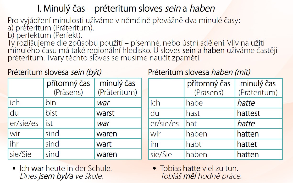 PRÄTERITUM minulý čas sloves sein=být a haben=mít